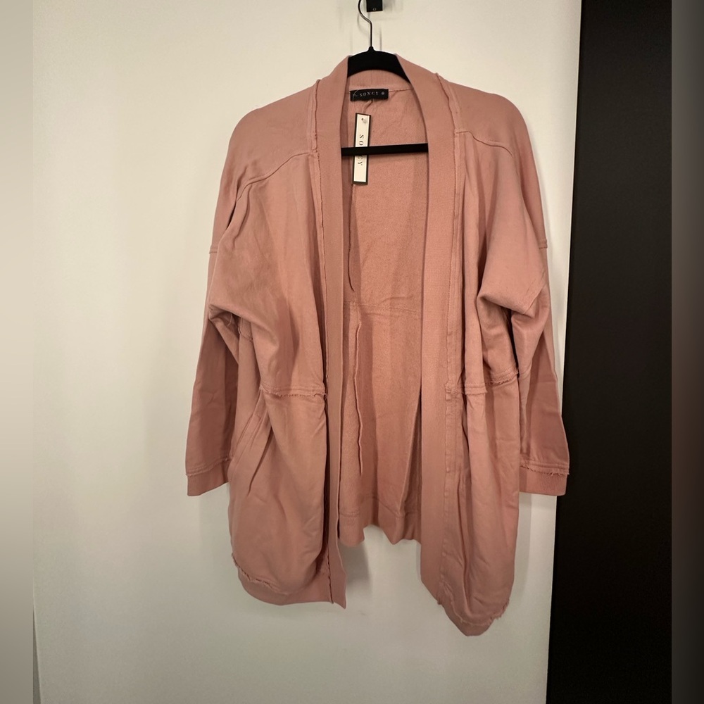 Soncy open front raw edge cardigan in blush dusty pink NWT